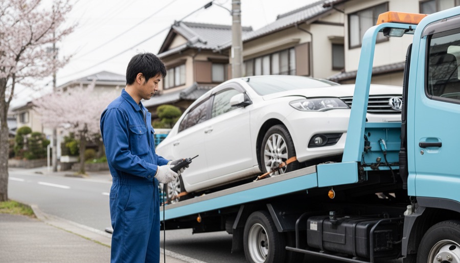 車両を積載車へ積み込むスタッフ